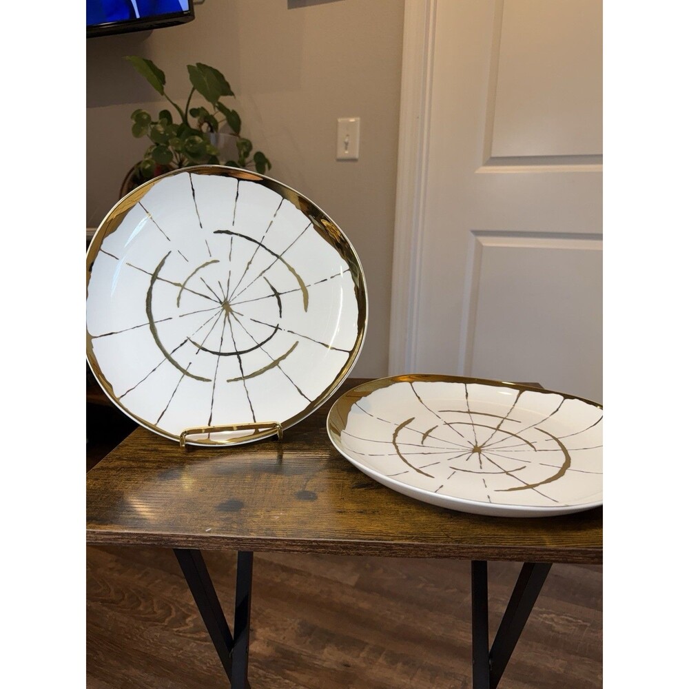 David Stark for West Elm Wood Slices Dinner Plates Gold White 11.25” Set of 2